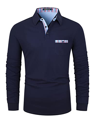 VMSUCIJ Poloshirt Herren Langarm Baumwolle Regular Slim Fit Plaid Denim Golf Polohemd M-3XL,Blau,L