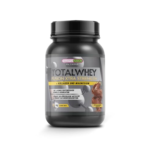 Healthy Fusion Whey Protein | 100% reines Whey Protein Kollagen, Magnesium & Vitamin B6 | 43 g Protein + 9,4 g BCAA pro Portion | Für Muskelaufbau, schnellere Regeneration | Doppel-Schokolade | 1 kg