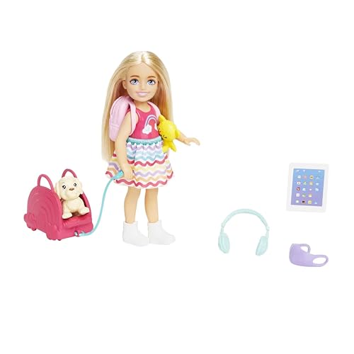 Barbie-Spielzeug, Chelsea-Puppe und Accessoires, Reiseset mit Hündchen und 6 Teilen, einschließlich Hundetragekorb, HJY17
