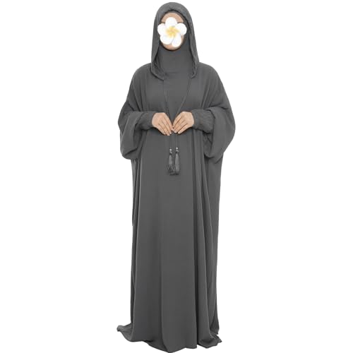 khalat Muslimisches Gebetskleid Abaya Solid One Piece Hoodie Abaya Kleid für Frauen Langes Maxikleid Islamisches Dubai Jilbab, Dunkel_Grau, Einheitsgröße