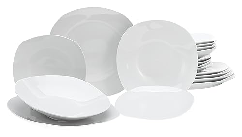CreaTable, 19767, Serie Square Weiss, 18-teiliges Geschirrset für 6 Personen, Teller Set aus Porzellan, spülmaschinen- und mikrowellengeeignet, Qualitätsproduktion