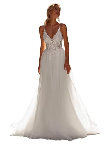 HUINI V-Ausschnitt Lange Hochzeitskleider für die Braut mit Spaghettiträgern Spitzenapplikationen und Tüll Brautkleid mit Schleppe Weiß 36