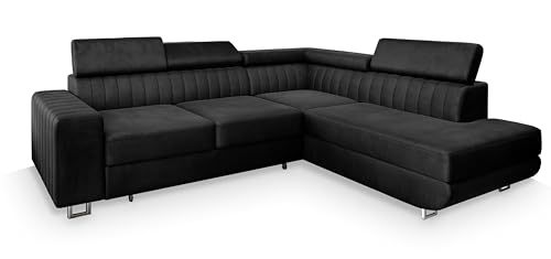 Masseno Ecksofa NOLA R-S mit Schlaffunktion L-Form, Sofa mit Bettkasten, Wohnzimmersofa, Couch, Soffa, Bettsofa, Couchgarnitur- Schwarz, Monolith 95