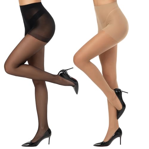 Yilanmy Strumpfhosen Damen 15 DEN Transparent Strumpfhose Hohe Taille Komfortbund Feinstrumpfhose Nylon Seidenstrumpfhosen 2 Paar (Schwarz*1+Hautfarben*1, S)
