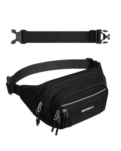 WATERFLY Bauchtasche Gürteltasche Herren Damen: Große Hüfttasche mit RFID Schutz Waist Fanny Pack mit Verlängerungsgurt Stylische Sport Bum Hip Bag für Reise Wandern Outdoor Schwarz