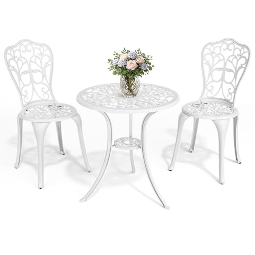 Pamapic Bistro Set 3-teilig, Bistrotisch mit 2 Stühlen & Schirmloch mit Sonnenschirmloch, Aluminium Gartenmöbel Set, Balkonmöbel Set für Terrasse, Veranda, Garten, Weiß