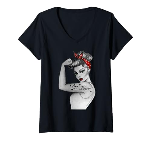 Damen RosieTheRiveter, feministisches Pin-Up im Retro-Look für Mädchen T-Shirt mit V-Ausschnitt