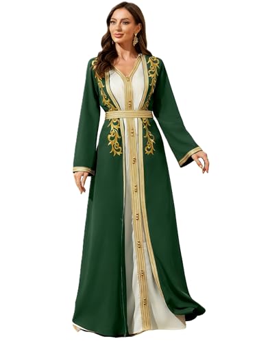 Aibaowedding Elegantes 2-teiliges Abaya für Frauen mit Goldstickerei und Gürtel arabisches muslimisches Dubai-Gewand Islam Marokko Kleid Ramadan-Fest (Grün, XL)