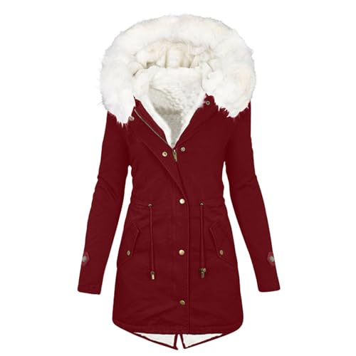 EMATOP Winterparka Jacke Damen Lange Warm Wintermantel Baumwolle Langarm Winterjacke mit Kapuze Mantel Elegant Einfarbig Outdoorjacke Leicht Bequemes Kapuzenjacke Outdoor Lässig Fleecejacke
