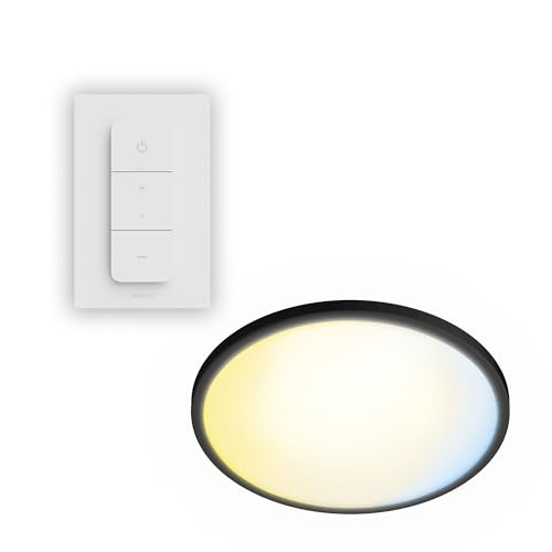 Philips Superslim Deckenleuchte inkl. Fernbedienung, 5 voreingestellte Lichtszenen, stufenloses Dimmen bis zu 1%, einfache Steuerung& Installation, schlankes Design, 29,1 cm, 16 W, rund, schwarz