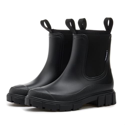 SmoothPace Gummistiefel Damen Gefüttert Wasserdicht Gummistiefeletten Halbhohe Chelsea Boots Rutschsicher Abriebfest Atmungsaktiv Regenschuhe Komfort Garten Stiefeletten Black 40EU