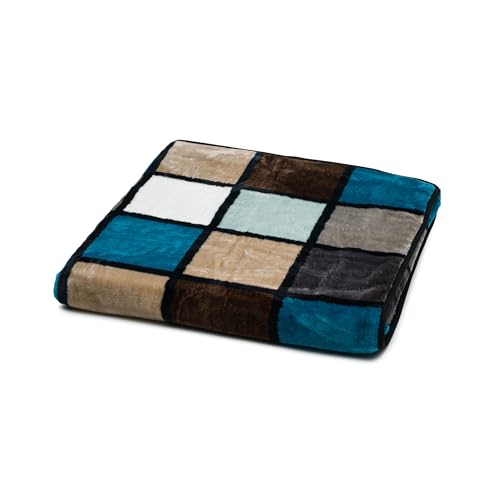 Gözze - Weiche Kuscheldecke, Cashmere Feeling, Hohes Stoffgewicht 500 g/m², Antigua, 150 x 200 cm - Aqua/Taupe/Petrol