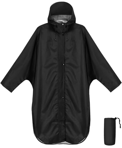 ANYOO Wasserdichter Regenponcho Regenmantel mit Kapuze und Ärmeln, Leichte und Winddichte Regenbekleidung für Damen und Herren, Schwarz, Einheitsgröße