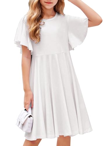 Arshiner Weiße Kleider für Mädchen Schmetterlingsärmel Kleid Kinder A-Line Swing Kleid Rundhals Sommerkleid Baumwollekleid Festlich Partykleid Lässige Kinderklei mit Tasche 140/8-9 Jahre