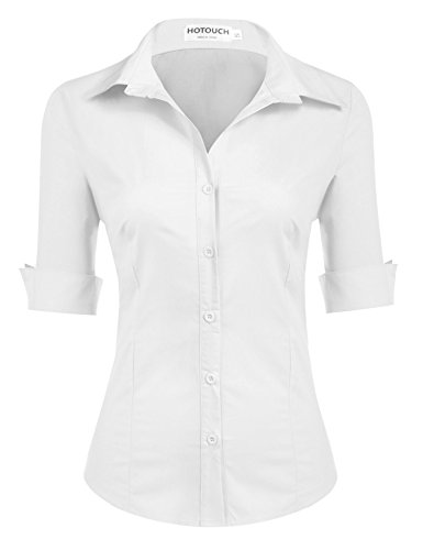Hotouch Business Bluse Weiss Damen Kurzarm Shirt V-Ausschnitt Hemdbluse Frauen Elegant Oberteile Baumwolle Basic Hemden mit Knöpfen Weiß M