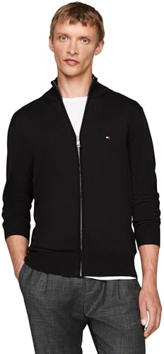 Tommy Hilfiger Herren Pullover mit Reißverschluss Essential Cotton Zip Thru Stehkragen, Schwarz (Black), XL