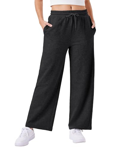 Friptspyg Jogginghose Damen Mit Taschen Hosen Damen Fitness Freizeithose Weites Bein Sweatpants mit Elastische Gürtel Drawstring, Schwarz 2XL