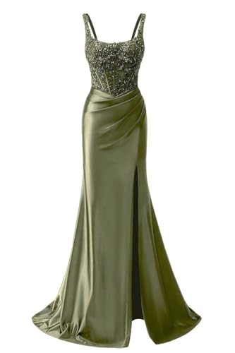 JAEDEN Satin Meerjungfrau Ballkleid - Glitzer Abschlusskleid Lang Abiballkleider Abendkleid mit Schlitz Grasgrün 36