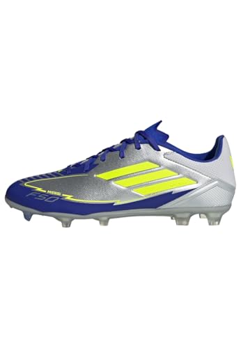adidas Unisex F50 League Football Boots FG/MG Fußballschuhe, Silver Metallic/Solar Yellow/Lucid Blue, 48 2/3 EU