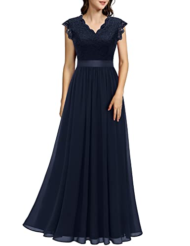 Dressystar Damen Abendkleid Elegant für Hochzeit Spitze Chiffon Lang Ballkleider Maxi Kleid Sommer Mädchen Cocktailkeider Marineblau L