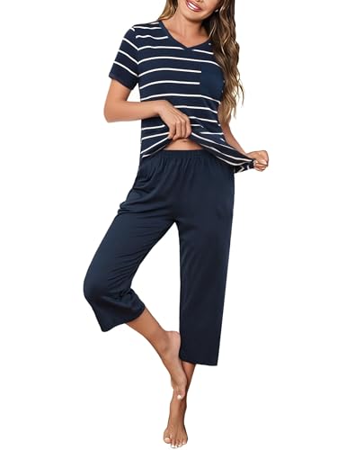 Crewhpo Kurzer Damen Pyjama Gestreiftes Oberteil mit Tasche Vielseitig