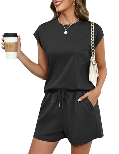 Rapbin Zweiteiler Trainingsanzug Damen Sommer Outfits Tracksuit Kurzarm Lässige Crew Neck Cap Sleeve Tops und Jogginghosen Trainingsanzüge mit Taschen Schwarz XL