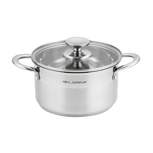 FLORINA Edelstahl Topf 2,5 l 18 cm Durchmesser I Energiesparender Kochtopf FALCON I Topf mit Glasdeckel und Messskala I 3-lagiger Boden gleichmäßige Wärmeverteilung I Ideal für alle Herdarten