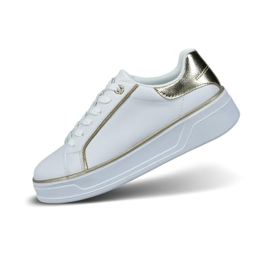 bugatti Damen-Weiße Sneakers mit Goldenen Details, Logo-Akzenten, Klobigen Gummisohlen und Stilvollem Design für Legere Kleidung, weiß/Gold, 37 EU