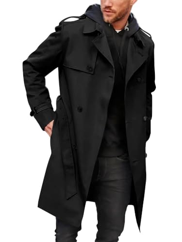 Runcati Herren Mantel Doppelknopfleiste Trenchcoat Langer Revers Business Jacke mit Gürtel, Schwarz , M