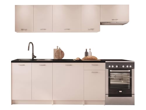 Mirjan24 Mela Küchenmöbel Set 180/240 cm mit Arbeitsplatte - Moderne Einbauküche in Creme/Beige, Hängeschränke & Unterschränke, 7 Schrank-Module (Cashmere/Schwarz)
