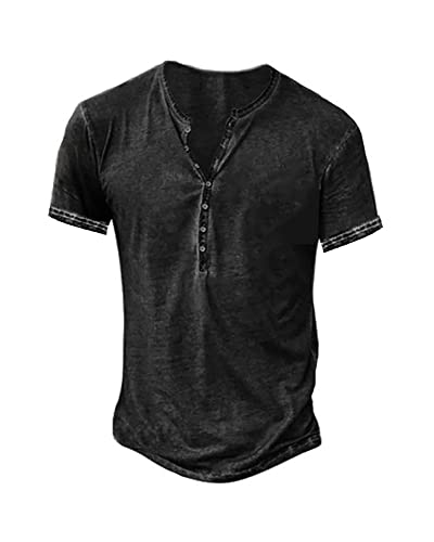 Beotyshow Hemd Herren Langarm Henley Shirt Männer Freizeithemd Vintage Casual Leicht Baumwolle Slim Fit T-Shirt A-schwarz L
