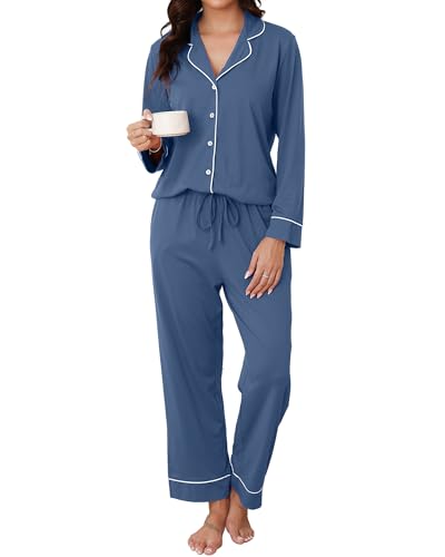 Reliwel Schlafanzug Damen Lang Baumwolle mit Knopfleiste Nachtwäsche Weich Hausanzug 2 Teiler Loungewear Damen Set - Button Down Shirt und Langer Hose Blau, L