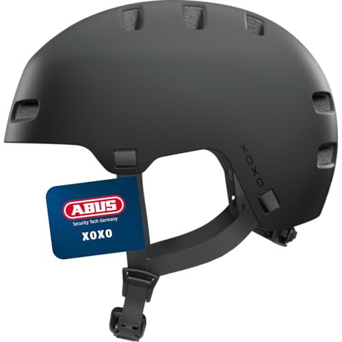 ABUS Fahrradhelm XOXO - Cityhelm im Skater-Look - Helm für Skateboard, Fahrrad, Scooter - mit optimiertem Kinnpolster - für Jugendliche und Erwachsene - Größe S (51–55 cm) Dicke: 8 mm, Schwarz
