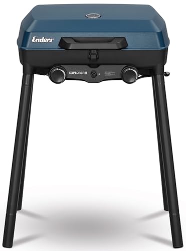 Enders® Camping Gasgrill EXPLORER II, integriertes Grill-Thermometer, Grillen-, Kochen-, Backen Funktion, 2 Brenner Edelstahl, kleiner Balkon-Picknick-Grill - Stahl-Grillwanne, #2104