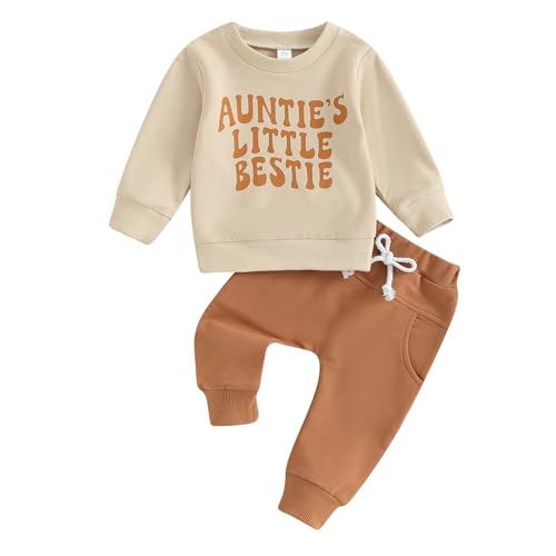 Beauace Kleinkind Baby Junge Mädchen Outfits Aunties Little Bestie Lustige Buchstaben Sweatshirt Pullover Langarm Tops Jogger Hosen Zweiteiliges Babykleidungsset (Khaki, 0-6 Months)