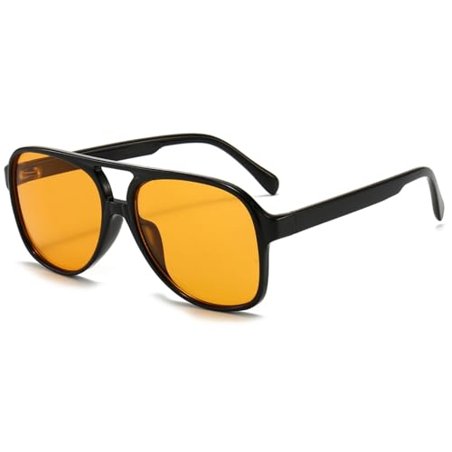 RUNHUIS Vintage Herren Polarisiert Sonnenbrille Damen Retro Oval 70er überdimensional Klassisch Pilotensonnenbrille UV400 Schutz (Schwarz/Gelb)