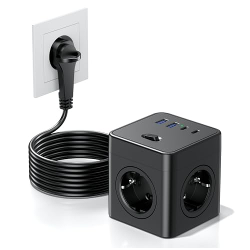Steckdosenwürfel mit USB, 8 in 1 Steckdosenleiste Flachstecker mit Schaltbar,4 Fach Steckdosenleiste mit 2 USB-A&2 USB-C,Mehrfachsteckdose Power Cube mit Zugring,1.5M Kabel für Zuhause/Büro, Schwarz