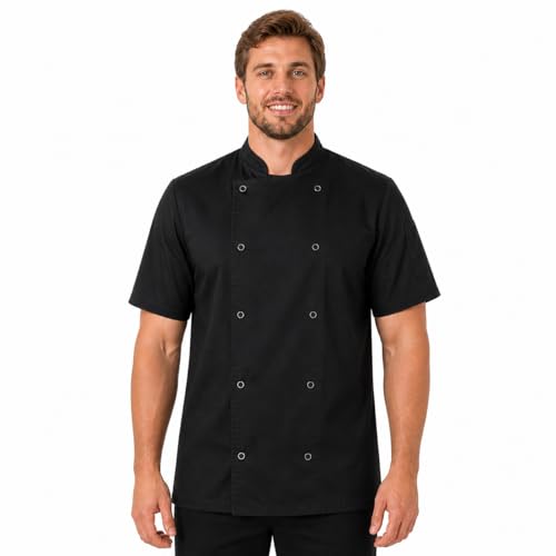 BWOLF Nozomi Kochjacke Unisex Kochjacke Damen Kochjacke Herren Schwarz/Weiss Kochkleidung Professional Chef Uniform Kurzarm (Schwarz, 4XL)
