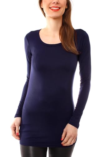 Easy Young Fashion - Damen Basic Langarmshirt - Rundhals Longshirt - Unterziehshirt Skinny Fit 1098A - Dunkelblau M/L