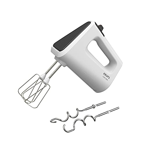 Krups 3 Mix 4000 Handmixer, 450 Watt, robustes Design, variabler Geschwindigkeitsregler, Turbo- und Auswurf-Funktion, inkl. 2 Rührbesen und 2 Knethaken, weiß/grau, GN4001