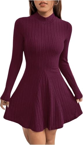 TrendiMax Damen Kleid Herbst Winter Freizeitkleid Langarm Minikleid Skaterkleid A Line Pullover Kleid Kurz Partykleid Winterkleid (L, Lilarot)