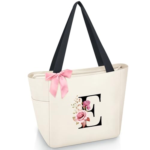 Vavabox Handtasche Damen A-Z Reißverschluss Schultertasche, Geschenke für Damen,Bräute und Brautjungfern, Arbeit,Reisen,Einkaufen,Schule (E, Beige)