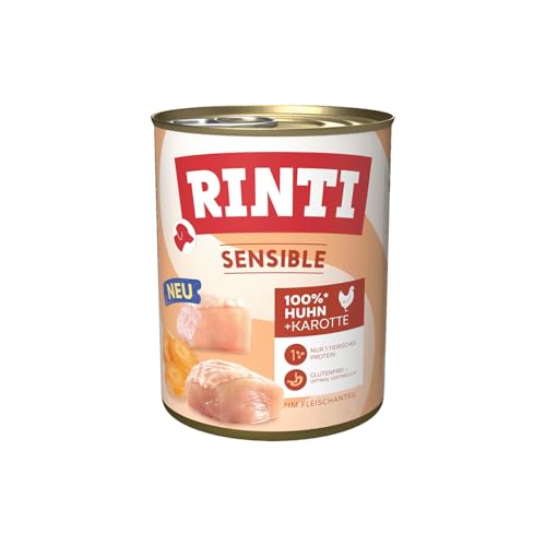 RINTI - Sensible | Nassfutter für Sensible, ausgewachsene Hunde mit natürlichen Fleischstücken. Getreidefreies Alleinfutter in der Dose ohne künstliche Zusätze | 6x800g Huhn + Karotte