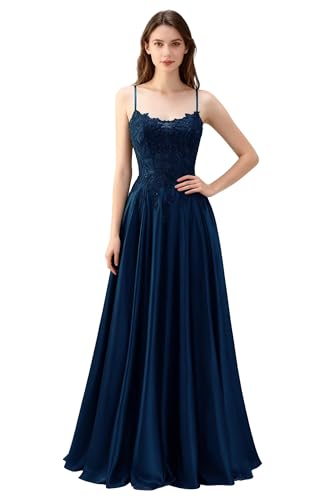 Damen Satin Ballkleider Lang Spitzenapplikationen Perlenbesetztes Abendkleid Spaghettiträger A-Linie Partykleider