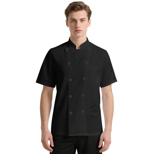 DiULi Kurzarm Kochjacke, Kochkleidung Professional Mit Knöpfe, Koch Kleidung Schwarz, XL