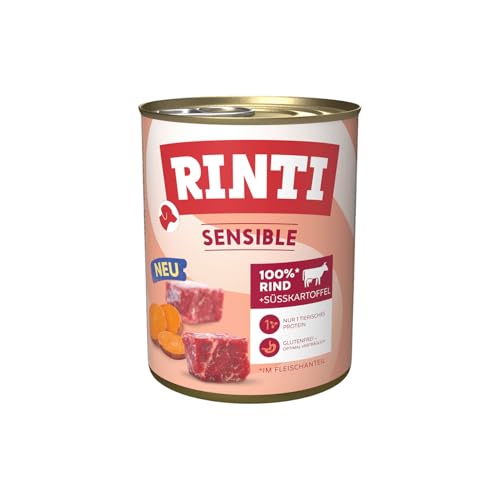 RINTI - Sensible | Nassfutter für Sensible, ausgewachsene Hunde mit natürlichen Fleischstücken. Getreidefreies Alleinfutter in der Dose ohne künstliche Zusätze | 6x800g Rind + Süßkartoffel