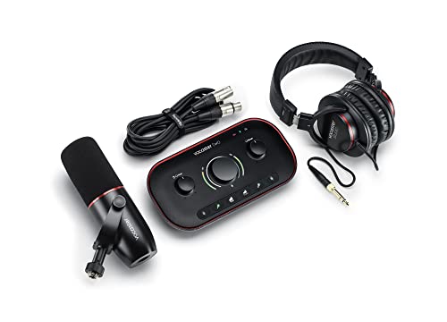 Focusrite Vocaster Two Studio – Podcast-Audio-Interface für Aufnahmen von Moderator und Gast, mit dem dynamischen Mikrofon DM14v in Studioqualität den Kopfhörern HP60v