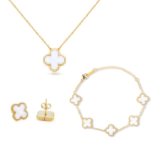 Vierblättriges Kleeblatt Schmuckset, 18K Vergoldet Vierblättriges Kleeblatt Halskette Ohrringe Armband, Vergoldet Zweiseitig, Vierblättriges Glücksklee Schmuckset Geschenke, für Damen und Mädchen