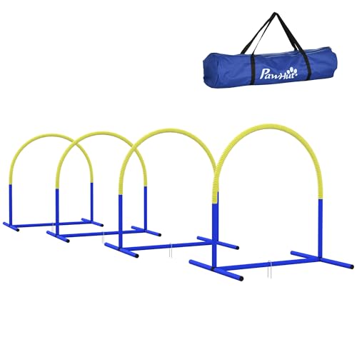 PawHut Hunde-Agility-Trainingsgeräte, Hund Agility Set, 4-teilges Agilityset für ältere Hunde, Hundetrainigsset mit Tragetasche, Blau+Gelb, 88 x 64 x 95 cm