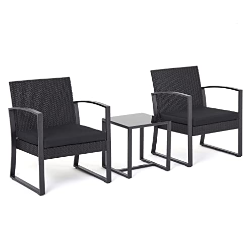 Mondeer Rattan Gartenmöbel Set, 3 teiliges Terrassen Bistro Set, 2-Sitzer-Rattanstühle mit Kissen und Couchtisch, für Balkon, Garten, Innen- und Außenbereich, Terrasse, Hinterhof, Schwarz